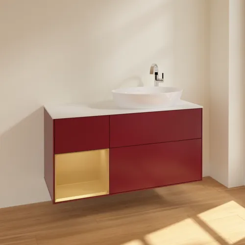 Bild von VILLEROY BOCH Finion Waschbeckenunterschrank, mit Beleuchtung, 3 Auszüge, 1200 x 603 x 501 mm, Peony Matt Lacquer / Gold Matt Lacquer / Glass White Matt #F921HFHB