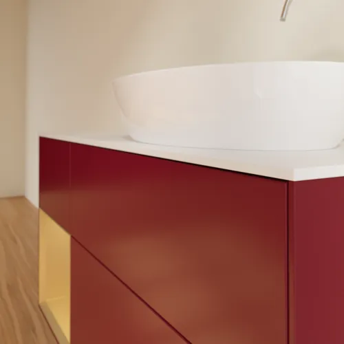 Bild von VILLEROY BOCH Finion Waschbeckenunterschrank, mit Beleuchtung, 3 Auszüge, 1200 x 603 x 501 mm, Peony Matt Lacquer / Gold Matt Lacquer / Glass White Matt #F921HFHB