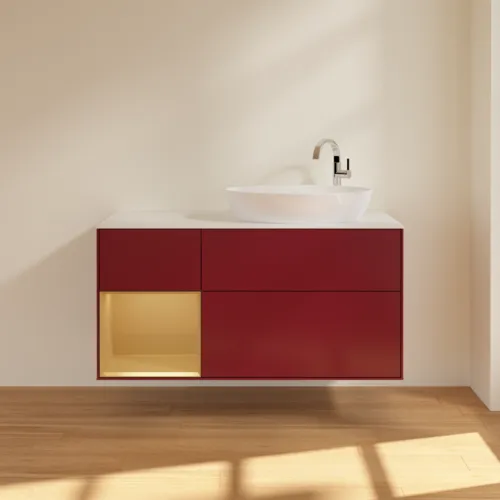 Bild von VILLEROY BOCH Finion Waschbeckenunterschrank, mit Beleuchtung, 3 Auszüge, 1200 x 603 x 501 mm, Peony Matt Lacquer / Gold Matt Lacquer / Glass White Matt #F921HFHB