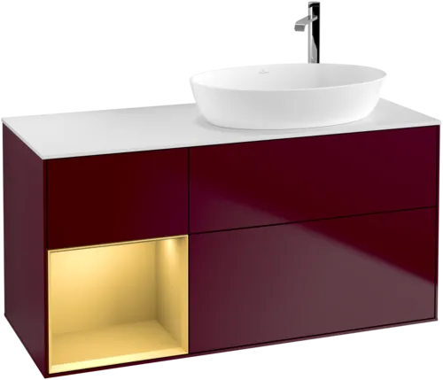 VILLEROY BOCH Finion Vanity unit, with lighting, 3 pull-out compartments, 1200 x 603 x 501 mm, Peony Matt Lacquer / Gold Matt Lacquer / Glass White Matt #F921HFHB resmi
