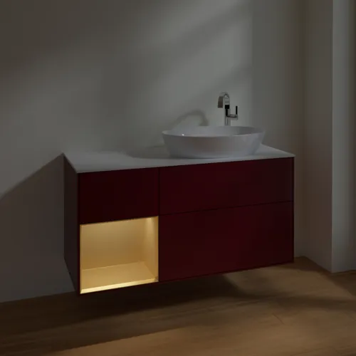 Bild von VILLEROY BOCH Finion Waschbeckenunterschrank, mit Beleuchtung, 3 Auszüge, 1200 x 603 x 501 mm, Peony Matt Lacquer / Gold Matt Lacquer / Glass White Matt #F921HFHB