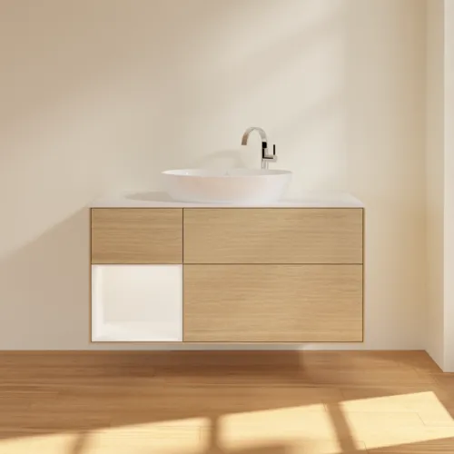 Bild von VILLEROY BOCH Finion Waschbeckenunterschrank, mit Beleuchtung, 3 Auszüge, 1200 x 603 x 501 mm, Oak Veneer / White Matt Lacquer / Glass White Matt #F941MTPC