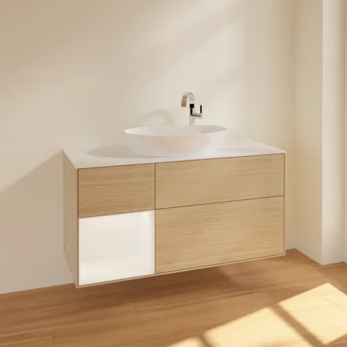 Bild von VILLEROY BOCH Finion Waschbeckenunterschrank, mit Beleuchtung, 3 Auszüge, 1200 x 603 x 501 mm, Oak Veneer / White Matt Lacquer / Glass White Matt #F941MTPC