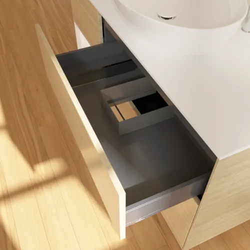 Bild von VILLEROY BOCH Finion Waschbeckenunterschrank, mit Beleuchtung, 3 Auszüge, 1200 x 603 x 501 mm, Oak Veneer / White Matt Lacquer / Glass White Matt #F941MTPC