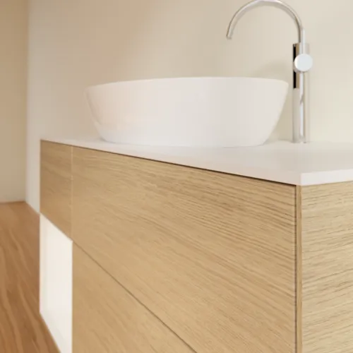 Bild von VILLEROY BOCH Finion Waschbeckenunterschrank, mit Beleuchtung, 3 Auszüge, 1200 x 603 x 501 mm, Oak Veneer / White Matt Lacquer / Glass White Matt #F941MTPC