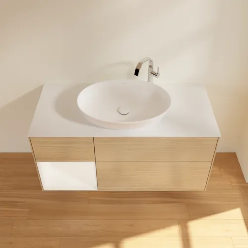 Bild von VILLEROY BOCH Finion Waschbeckenunterschrank, mit Beleuchtung, 3 Auszüge, 1200 x 603 x 501 mm, Oak Veneer / White Matt Lacquer / Glass White Matt #F941MTPC