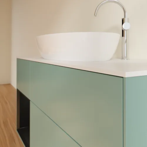 Bild von VILLEROY BOCH Finion Waschbeckenunterschrank, mit Beleuchtung, 3 Auszüge, 1200 x 603 x 501 mm, Olive Matt Lacquer / Black Matt Lacquer / Glass White Matt #F941PDGM