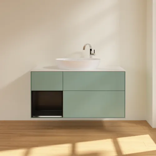 Bild von VILLEROY BOCH Finion Waschbeckenunterschrank, mit Beleuchtung, 3 Auszüge, 1200 x 603 x 501 mm, Olive Matt Lacquer / Black Matt Lacquer / Glass White Matt #F941PDGM
