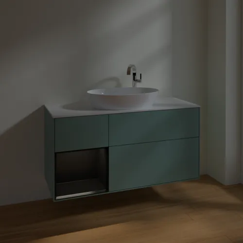 Bild von VILLEROY BOCH Finion Waschbeckenunterschrank, mit Beleuchtung, 3 Auszüge, 1200 x 603 x 501 mm, Olive Matt Lacquer / Black Matt Lacquer / Glass White Matt #F941PDGM