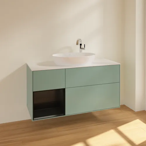 Bild von VILLEROY BOCH Finion Waschbeckenunterschrank, mit Beleuchtung, 3 Auszüge, 1200 x 603 x 501 mm, Olive Matt Lacquer / Black Matt Lacquer / Glass White Matt #F941PDGM