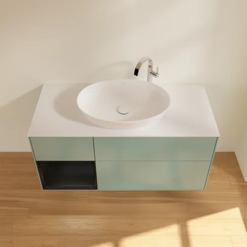 Bild von VILLEROY BOCH Finion Waschbeckenunterschrank, mit Beleuchtung, 3 Auszüge, 1200 x 603 x 501 mm, Olive Matt Lacquer / Black Matt Lacquer / Glass White Matt #F941PDGM