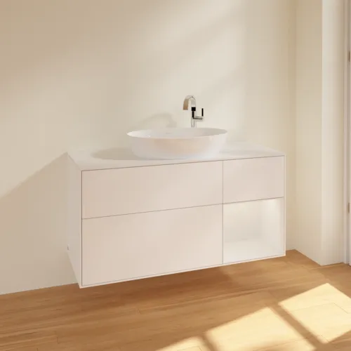 Bild von VILLEROY BOCH Finion Waschbeckenunterschrank, mit Beleuchtung, 3 Auszüge, 1200 x 603 x 501 mm, White Matt Lacquer / Glossy White Lacquer / Glass White Matt #F951GFMT