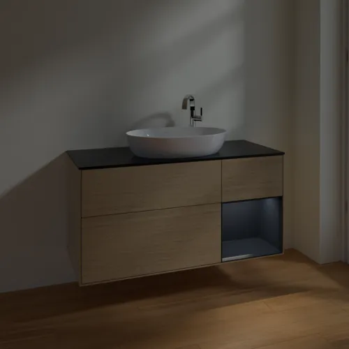 Bild von VILLEROY BOCH Finion Waschbeckenunterschrank, mit Beleuchtung, 3 Auszüge, 1200 x 603 x 501 mm, Oak Veneer / Midnight Blue Matt Lacquer / Glass Black Matt #F952HGPC