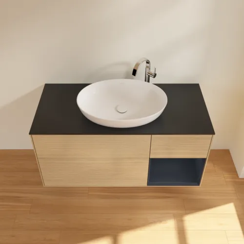 Bild von VILLEROY BOCH Finion Waschbeckenunterschrank, mit Beleuchtung, 3 Auszüge, 1200 x 603 x 501 mm, Oak Veneer / Midnight Blue Matt Lacquer / Glass Black Matt #F952HGPC