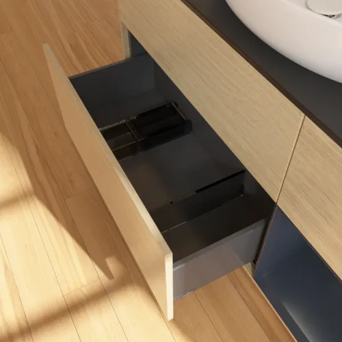 Bild von VILLEROY BOCH Finion Waschbeckenunterschrank, mit Beleuchtung, 3 Auszüge, 1200 x 603 x 501 mm, Oak Veneer / Midnight Blue Matt Lacquer / Glass Black Matt #F952HGPC