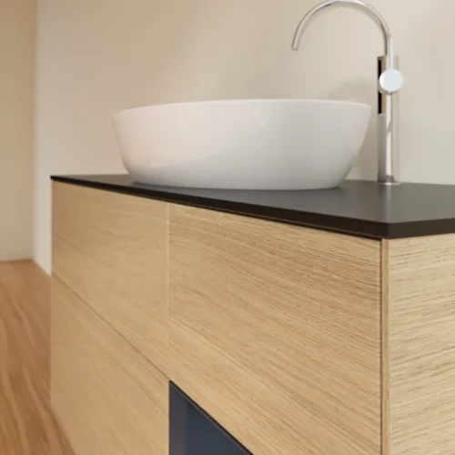 Bild von VILLEROY BOCH Finion Waschbeckenunterschrank, mit Beleuchtung, 3 Auszüge, 1200 x 603 x 501 mm, Oak Veneer / Midnight Blue Matt Lacquer / Glass Black Matt #F952HGPC