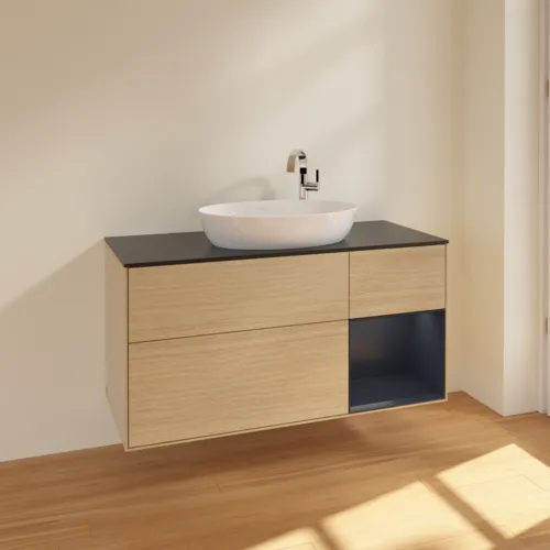 Bild von VILLEROY BOCH Finion Waschbeckenunterschrank, mit Beleuchtung, 3 Auszüge, 1200 x 603 x 501 mm, Oak Veneer / Midnight Blue Matt Lacquer / Glass Black Matt #F952HGPC