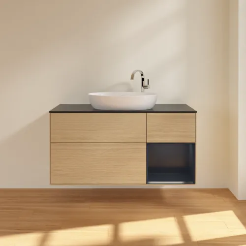 Bild von VILLEROY BOCH Finion Waschbeckenunterschrank, mit Beleuchtung, 3 Auszüge, 1200 x 603 x 501 mm, Oak Veneer / Midnight Blue Matt Lacquer / Glass Black Matt #F952HGPC
