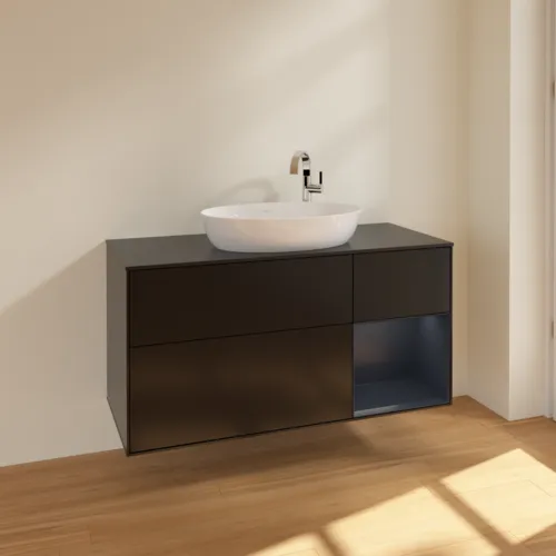 Bild von VILLEROY BOCH Finion Waschbeckenunterschrank, mit Beleuchtung, 3 Auszüge, 1200 x 603 x 501 mm, Black Matt Lacquer / Midnight Blue Matt Lacquer / Glass Black Matt #F952HGPD