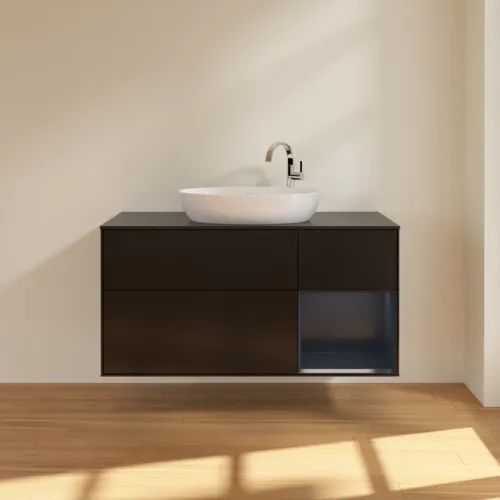 Bild von VILLEROY BOCH Finion Waschbeckenunterschrank, mit Beleuchtung, 3 Auszüge, 1200 x 603 x 501 mm, Black Matt Lacquer / Midnight Blue Matt Lacquer / Glass Black Matt #F952HGPD