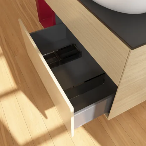 Bild von VILLEROY BOCH Finion Waschbeckenunterschrank, mit Beleuchtung, 3 Auszüge, 1200 x 603 x 501 mm, Oak Veneer / Peony Matt Lacquer / Glass Black Matt #F922HBPC