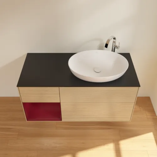 Bild von VILLEROY BOCH Finion Waschbeckenunterschrank, mit Beleuchtung, 3 Auszüge, 1200 x 603 x 501 mm, Oak Veneer / Peony Matt Lacquer / Glass Black Matt #F922HBPC
