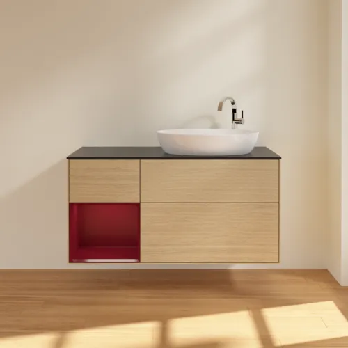 Bild von VILLEROY BOCH Finion Waschbeckenunterschrank, mit Beleuchtung, 3 Auszüge, 1200 x 603 x 501 mm, Oak Veneer / Peony Matt Lacquer / Glass Black Matt #F922HBPC