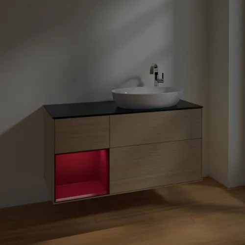 Bild von VILLEROY BOCH Finion Waschbeckenunterschrank, mit Beleuchtung, 3 Auszüge, 1200 x 603 x 501 mm, Oak Veneer / Peony Matt Lacquer / Glass Black Matt #F922HBPC