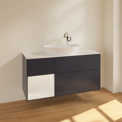 Bild von VILLEROY BOCH Finion Waschbeckenunterschrank, mit Beleuchtung, 3 Auszüge, 1200 x 603 x 501 mm, Midnight Blue Matt Lacquer / Glossy White Lacquer / Glass White Matt #F941GFHG