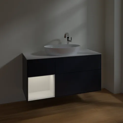 Bild von VILLEROY BOCH Finion Waschbeckenunterschrank, mit Beleuchtung, 3 Auszüge, 1200 x 603 x 501 mm, Midnight Blue Matt Lacquer / Glossy White Lacquer / Glass White Matt #F941GFHG