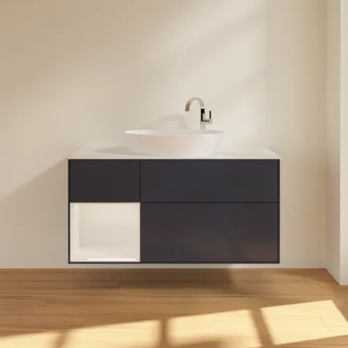 Bild von VILLEROY BOCH Finion Waschbeckenunterschrank, mit Beleuchtung, 3 Auszüge, 1200 x 603 x 501 mm, Midnight Blue Matt Lacquer / Glossy White Lacquer / Glass White Matt #F941GFHG