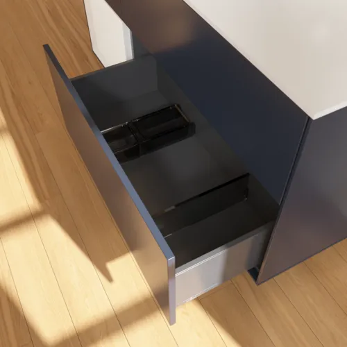 Bild von VILLEROY BOCH Finion Waschbeckenunterschrank, mit Beleuchtung, 3 Auszüge, 1200 x 603 x 501 mm, Midnight Blue Matt Lacquer / Glossy White Lacquer / Glass White Matt #F941GFHG