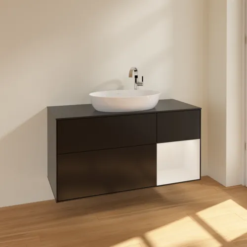 VILLEROY BOCH Finion Waschbeckenunterschrank, mit Beleuchtung, 3 Auszüge, 1200 x 603 x 501 mm, Black Matt Lacquer / Glossy White Lacquer / Glass Black Matt #F952GFPD, Bild 2