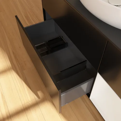 VILLEROY BOCH Finion Waschbeckenunterschrank, mit Beleuchtung, 3 Auszüge, 1200 x 603 x 501 mm, Black Matt Lacquer / Glossy White Lacquer / Glass Black Matt #F952GFPD, Bild 7