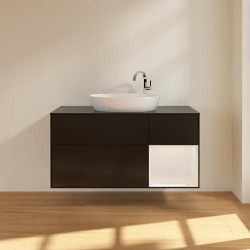 VILLEROY BOCH Finion Waschbeckenunterschrank, mit Beleuchtung, 3 Auszüge, 1200 x 603 x 501 mm, Black Matt Lacquer / Glossy White Lacquer / Glass Black Matt #F952GFPD, Bild 3