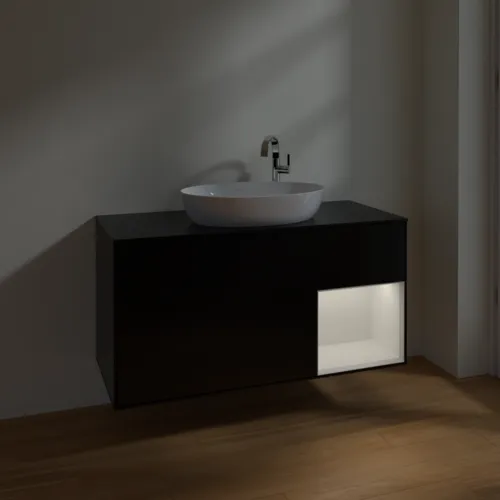 VILLEROY BOCH Finion Waschbeckenunterschrank, mit Beleuchtung, 3 Auszüge, 1200 x 603 x 501 mm, Black Matt Lacquer / Glossy White Lacquer / Glass Black Matt #F952GFPD, Bild 5