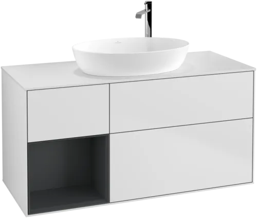 Picture of VILLEROY BOCH Finion Vanity unit, with lighting, 3 pull-out compartments, 1200 x 603 x 501 mm, White Matt Lacquer / Midnight Blue Matt Lacquer / Glass White Matt #F941HGMT