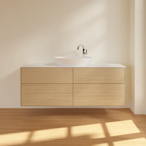 Bild von VILLEROY BOCH Finion Waschbeckenunterschrank, 4 Auszüge, 1600 x 603 x 501 mm, Oak Veneer / Glass White Matt #F97100PC