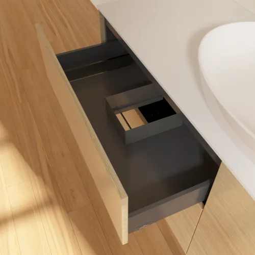 Bild von VILLEROY BOCH Finion Waschbeckenunterschrank, 4 Auszüge, 1600 x 603 x 501 mm, Oak Veneer / Glass White Matt #F97100PC