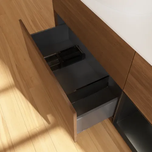 VILLEROY BOCH Finion Waschbeckenunterschrank, mit Beleuchtung, 3 Auszüge, 1200 x 603 x 501 mm, Walnut Veneer / Black Matt Lacquer / Glass White Matt #F931PDGN, Bild 7