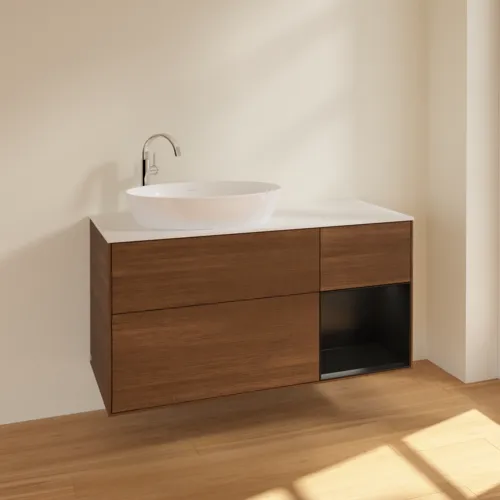 VILLEROY BOCH Finion Waschbeckenunterschrank, mit Beleuchtung, 3 Auszüge, 1200 x 603 x 501 mm, Walnut Veneer / Black Matt Lacquer / Glass White Matt #F931PDGN, Bild 2