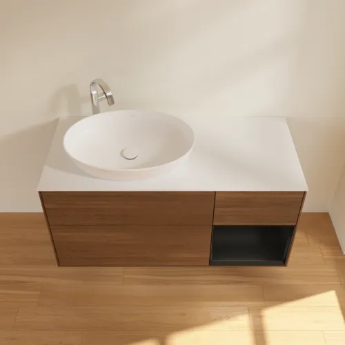 VILLEROY BOCH Finion Waschbeckenunterschrank, mit Beleuchtung, 3 Auszüge, 1200 x 603 x 501 mm, Walnut Veneer / Black Matt Lacquer / Glass White Matt #F931PDGN, Bild 4