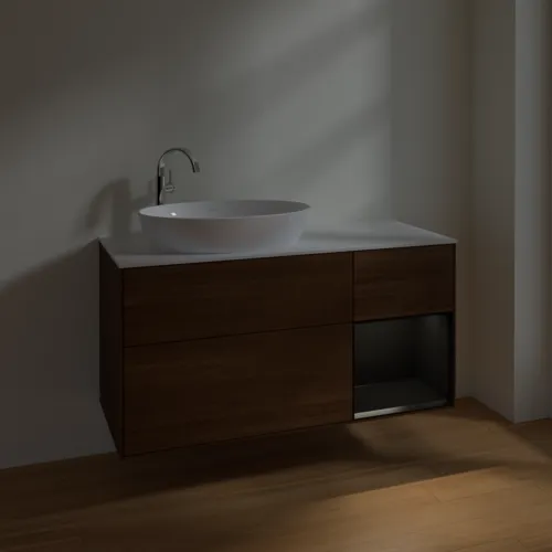 VILLEROY BOCH Finion Waschbeckenunterschrank, mit Beleuchtung, 3 Auszüge, 1200 x 603 x 501 mm, Walnut Veneer / Black Matt Lacquer / Glass White Matt #F931PDGN, Bild 5
