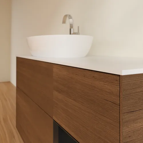 VILLEROY BOCH Finion Waschbeckenunterschrank, mit Beleuchtung, 3 Auszüge, 1200 x 603 x 501 mm, Walnut Veneer / Black Matt Lacquer / Glass White Matt #F931PDGN, Bild 6