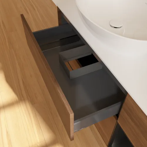 VILLEROY BOCH Finion Waschbeckenunterschrank, mit Beleuchtung, 3 Auszüge, 1200 x 603 x 501 mm, Walnut Veneer / Black Matt Lacquer / Glass White Matt #F931PDGN, Bild 8