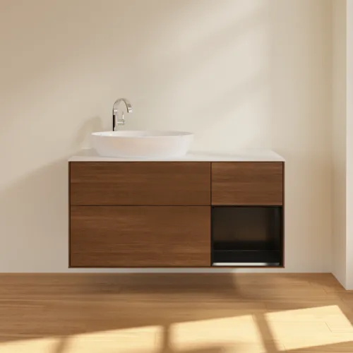 VILLEROY BOCH Finion Waschbeckenunterschrank, mit Beleuchtung, 3 Auszüge, 1200 x 603 x 501 mm, Walnut Veneer / Black Matt Lacquer / Glass White Matt #F931PDGN, Bild 3