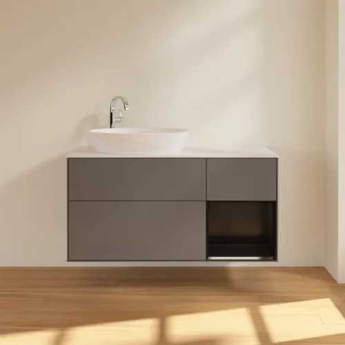 VILLEROY BOCH Finion Waschbeckenunterschrank, mit Beleuchtung, 3 Auszüge, 1200 x 603 x 501 mm, Anthracite Matt Lacquer / Black Matt Lacquer / Glass White Matt #F931PDGK, Bild 3