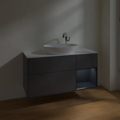 Bild von VILLEROY BOCH Finion Waschbeckenunterschrank, mit Beleuchtung, 3 Auszüge, 1200 x 603 x 501 mm, Anthracite Matt Lacquer / Midnight Blue Matt Lacquer / Glass White Matt #F951HGGK