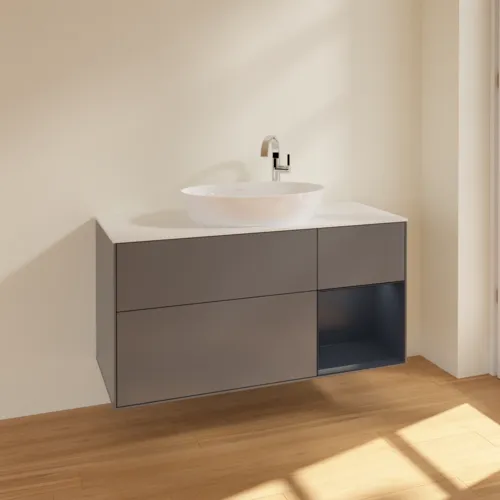 Bild von VILLEROY BOCH Finion Waschbeckenunterschrank, mit Beleuchtung, 3 Auszüge, 1200 x 603 x 501 mm, Anthracite Matt Lacquer / Midnight Blue Matt Lacquer / Glass White Matt #F951HGGK