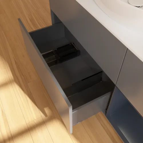 Bild von VILLEROY BOCH Finion Waschbeckenunterschrank, mit Beleuchtung, 3 Auszüge, 1200 x 603 x 501 mm, Anthracite Matt Lacquer / Midnight Blue Matt Lacquer / Glass White Matt #F951HGGK